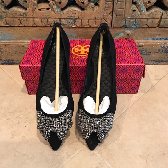 Tory Burch Esme Flat Black Suede Leather Crystal Diamond Bejeweled Shoes Size 7 - Picture 4 of 5